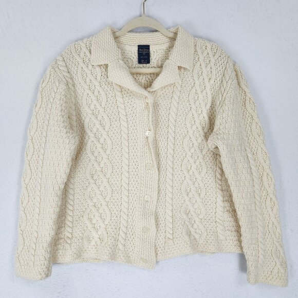 Paul James Sweater Women Medium Cream Wool Cable Knit Fisherman Cardigan England - Picture 1 of 9